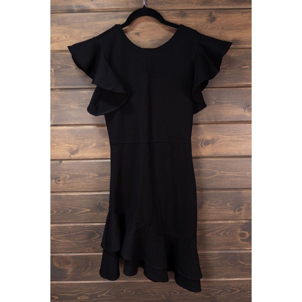 Amanda Uprichard Eclipse Mini Dress Black Size S Ruffle Hem Flutter Sleeve